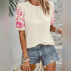 Shein Bohemian Cream Top with Pink Embroidered Puff Short Sleeves, Size Large